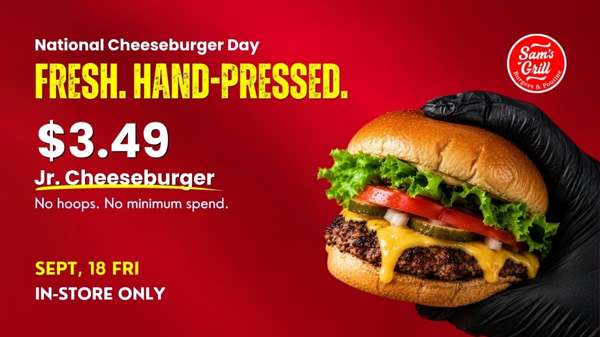 Célébrez la Journée nationale du cheeseburger à Hearst avec un hamburger au fromage junior à 3,49 $ !